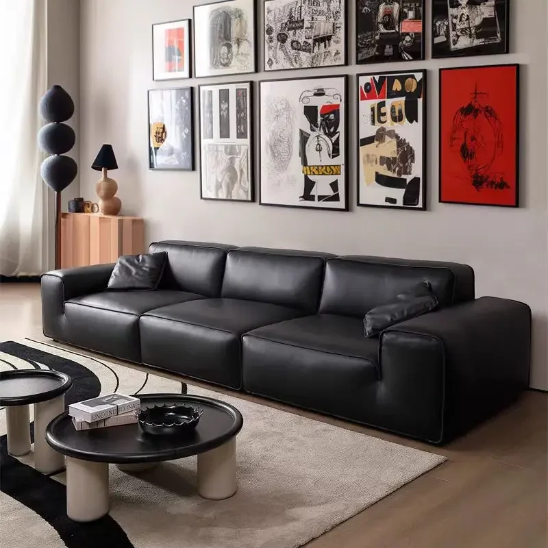 Big black cow sofa semi-green leather 2.5 thickness first layer cowhide living room sofa