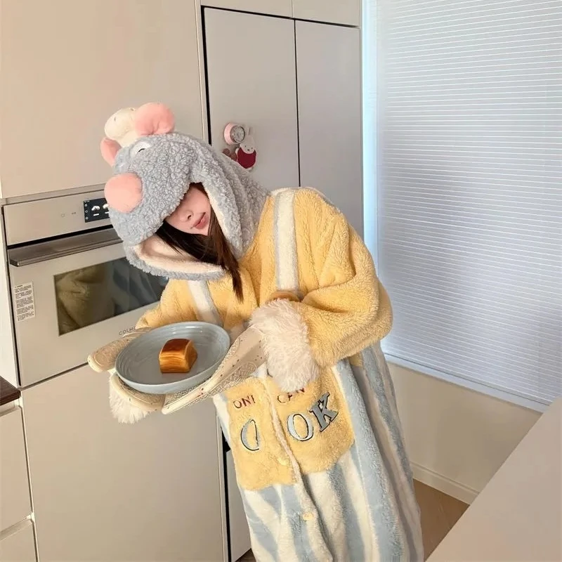 

Cartoon Disney Ratatouille Robe Cute Coral Fleece-Lined Loungewear Nightgown Women'S Autumn Winter Pajamas Thickened Hooded Robe