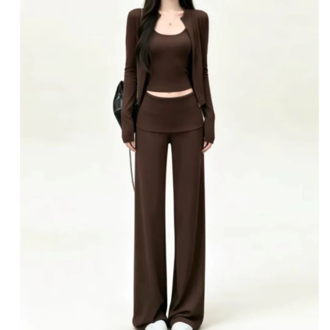 Pure Color Korean Style Women's Three-Piece Set Open Cardigan Strap Floor-Length Pants Casual Sportswear Spring Autumn