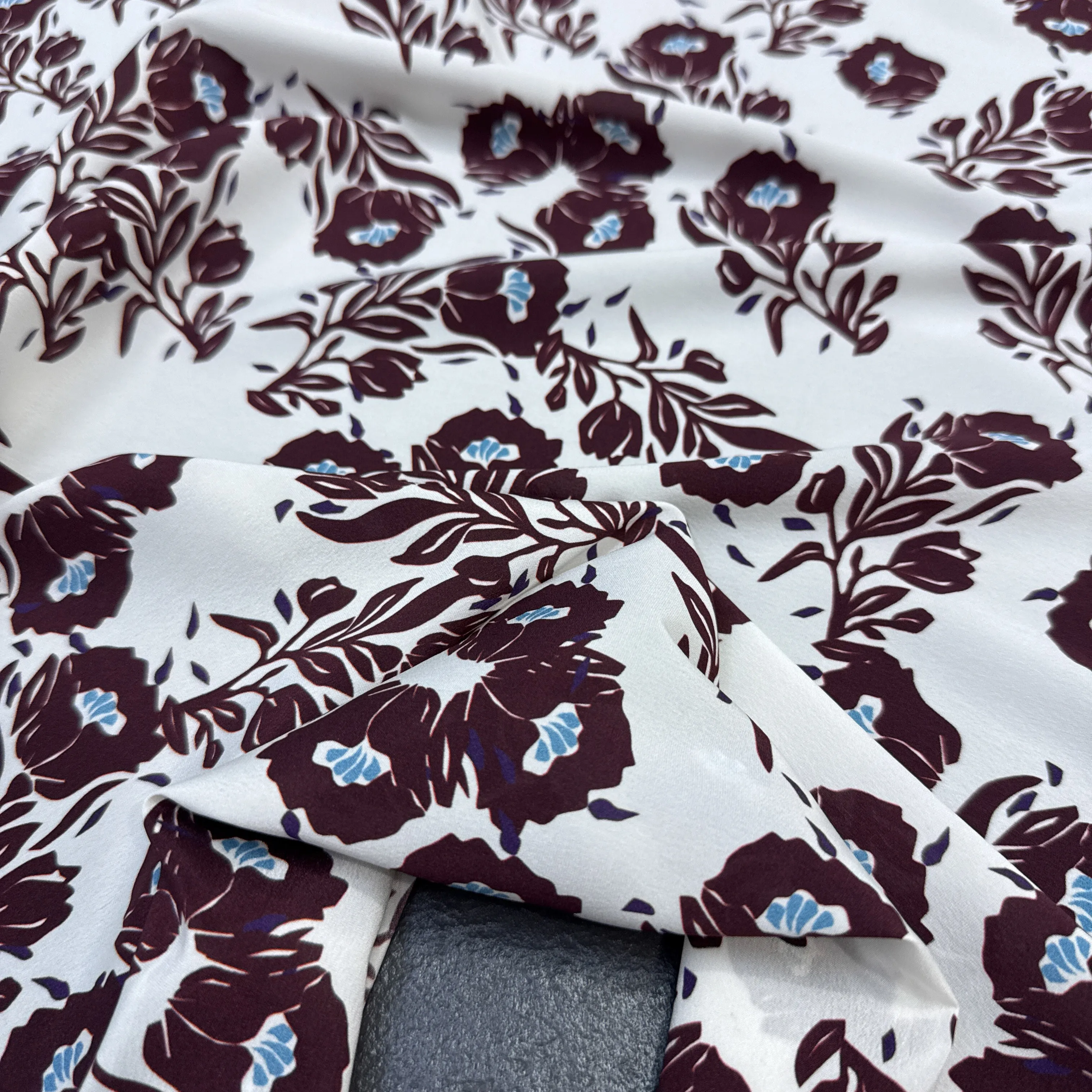 Chocolate Color Floral Printed Stretch White Silk Crepe de Chine Fabric for DIY Sewing Summer Dress Pajamas Silk Fabric FR7061