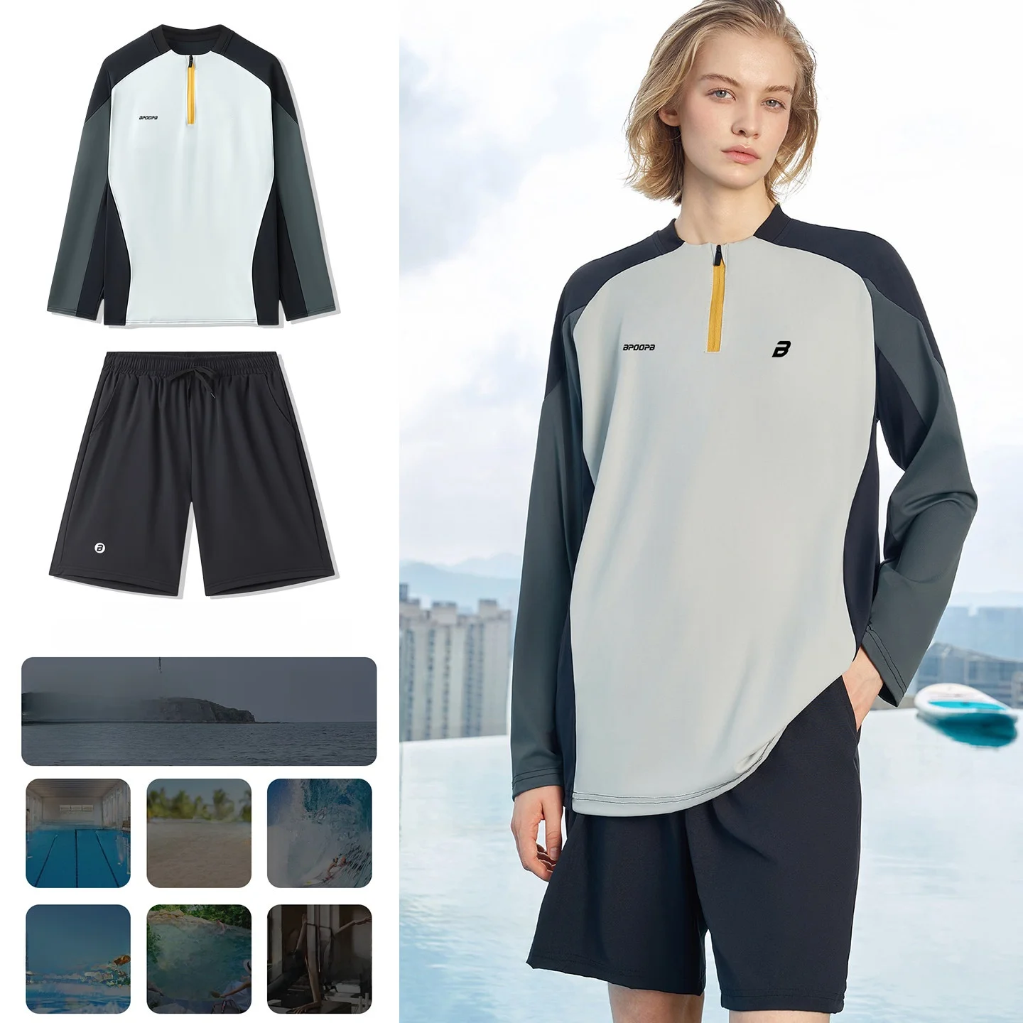

Half-Zipper Two-Piece Swimming Suits Long Sleeve Women's Style Summer Leisure Sportswear Quick Dry Swimwear Set for Teens