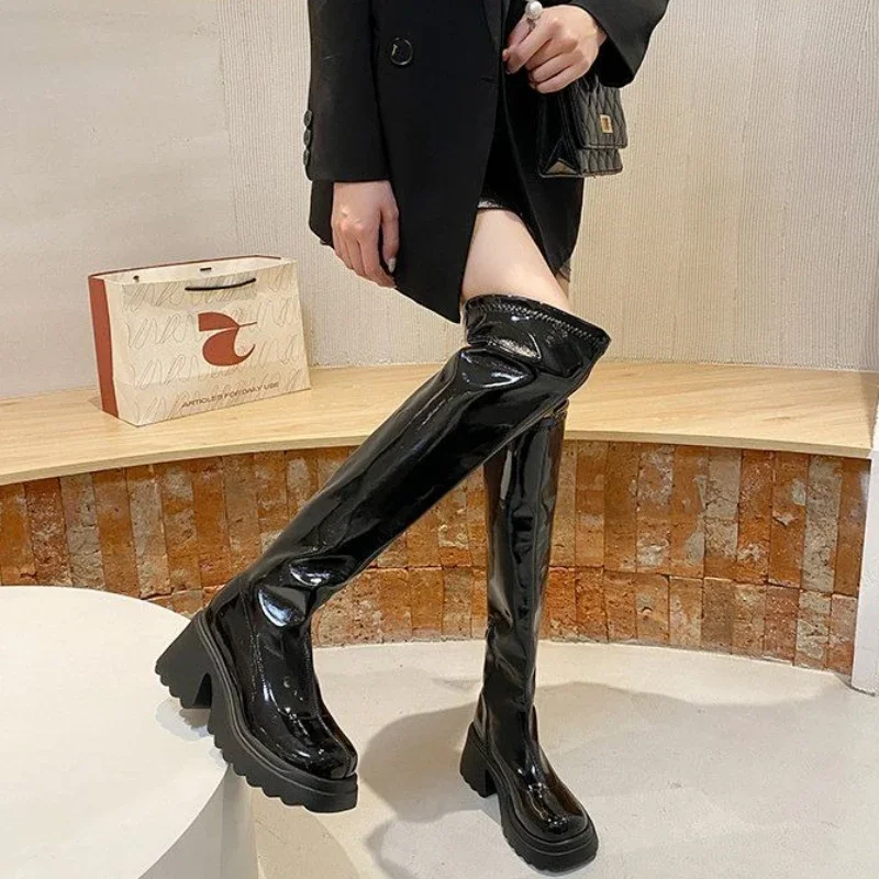 

Thick Sole Comfortable Plus Size Women 35-42 Chunky Heel British Equestrian Over The Knee Boots Glossy Spring Autumn Stylish