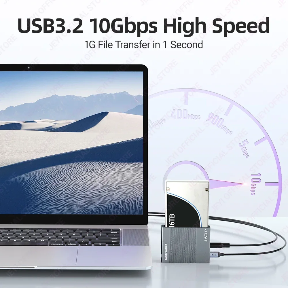 JEYI 10G U.2 NVMe SSD 도킹 스테이션 USB 3.2 10Gbps 인클로저 U.2(SFF-8639) 2.5" SSD 리더 최대 16TB(36W 전원 어댑터 포함)