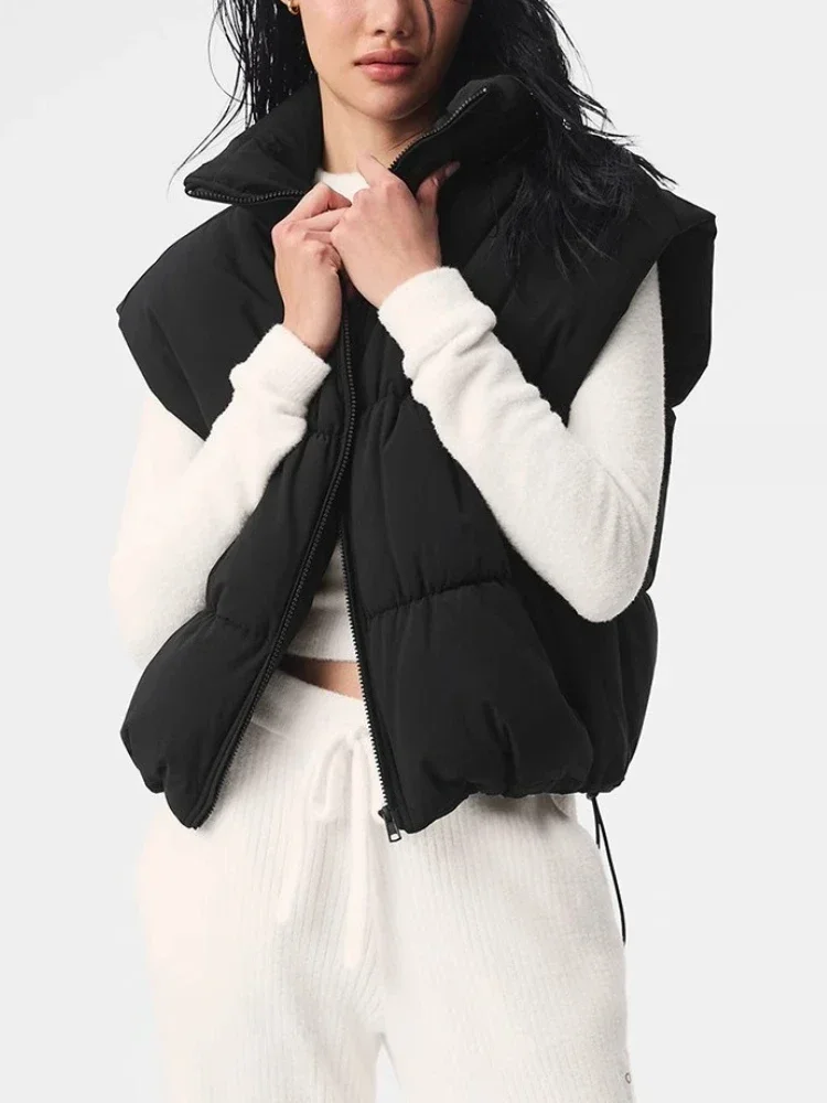 الوقوف طوق بلا أكمام المرأة سترة الشتاء الأسود الرباط الخصر Cinching صدرية المرأة فضفاضة رشاقته سترة دافئة للنساء #5