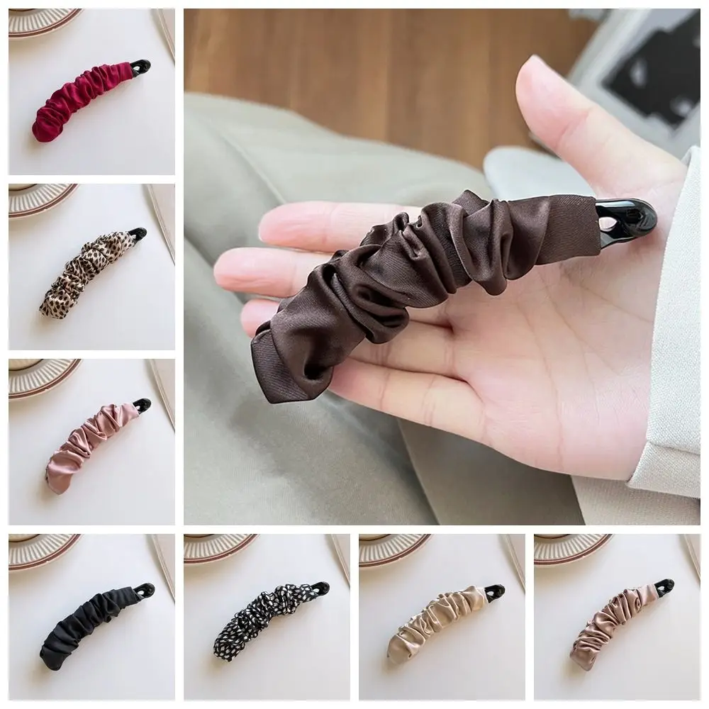 Elegant Korean Style Cloth Banana Clip Leopard Print Ponytail Holder Vertical Clip Hair Claw Headdress Bowknot Hair Clip Women