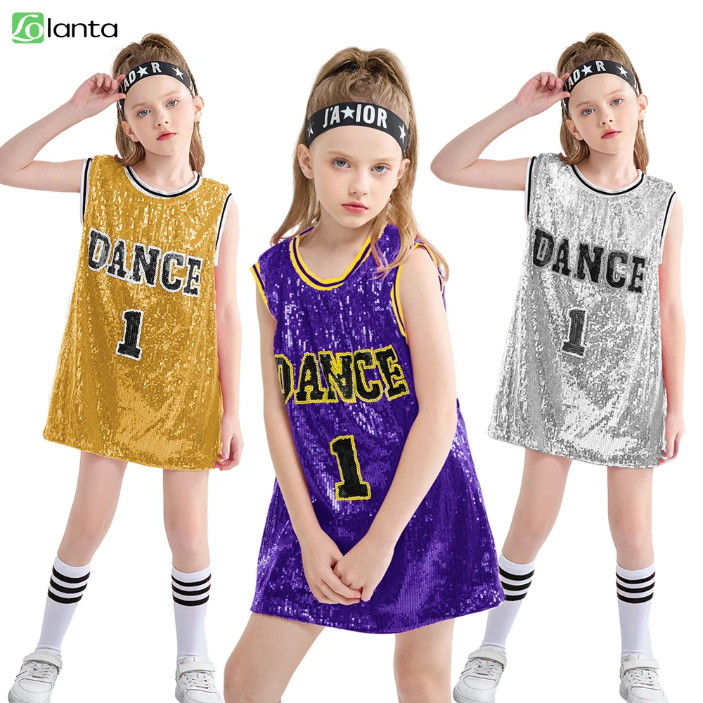 LOlanta Girls Hip Hop Dance Clothes Kids Jersey Sequin Dress Long Tank Top Jazz Cheerleading T-Shirt