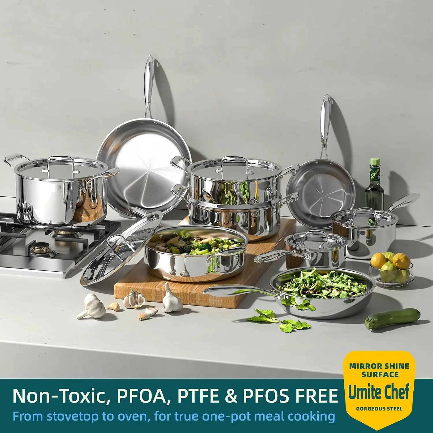 Stainless Steel Cookware Set, 5 Ply 14 Piece Stainless Steel Pot and Pan Set-Induction, Heavy Chef Quality, Oven Safe | Professi