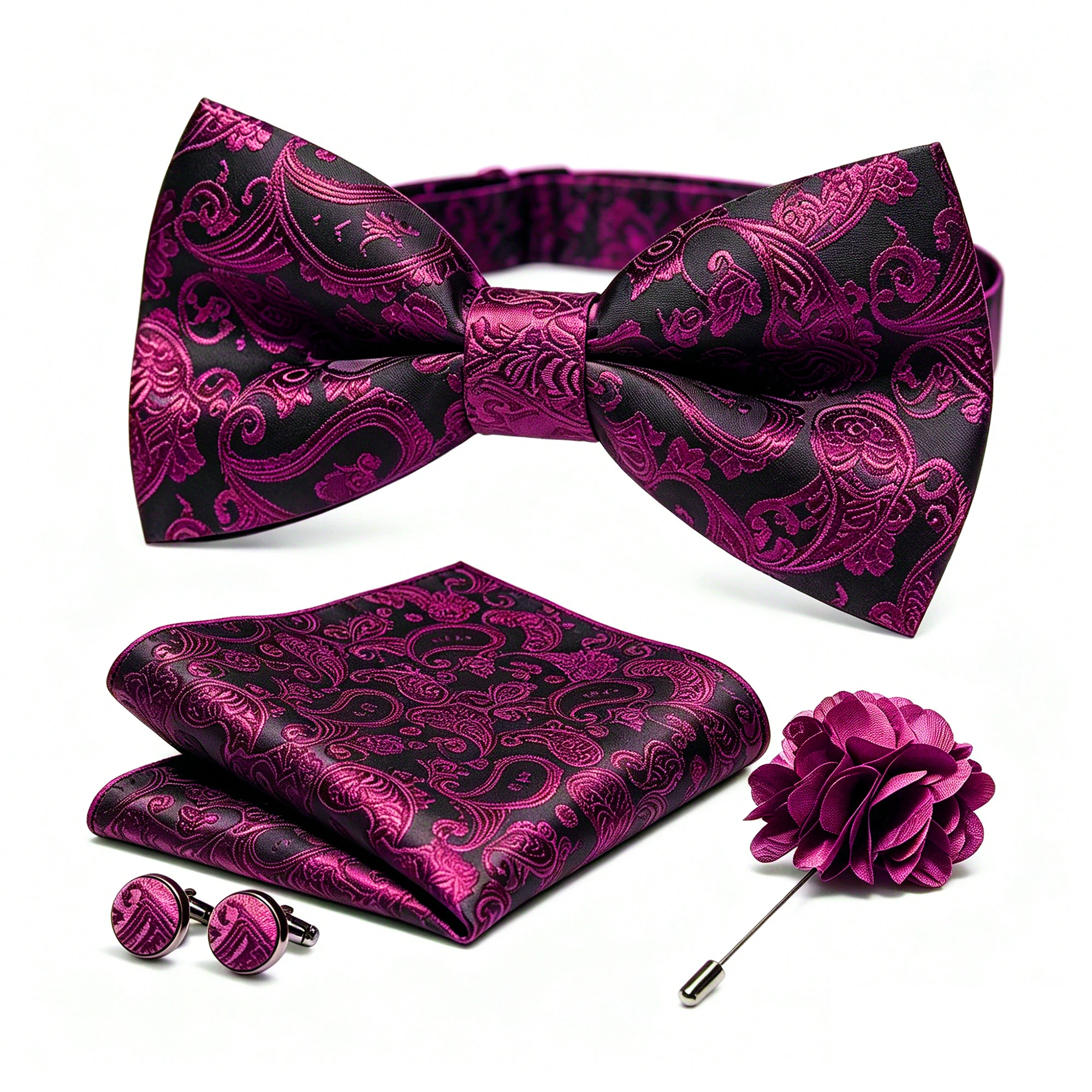 36-teiliges Set: Schwarze Seiden-Jacquard-Paisley Herrenfliege, Brosche, Einstecktuch und Manschettenknöpfe – Vorgebundene Schmetterlingsfliege für Herren, Hochzeit und Business – Detail 17