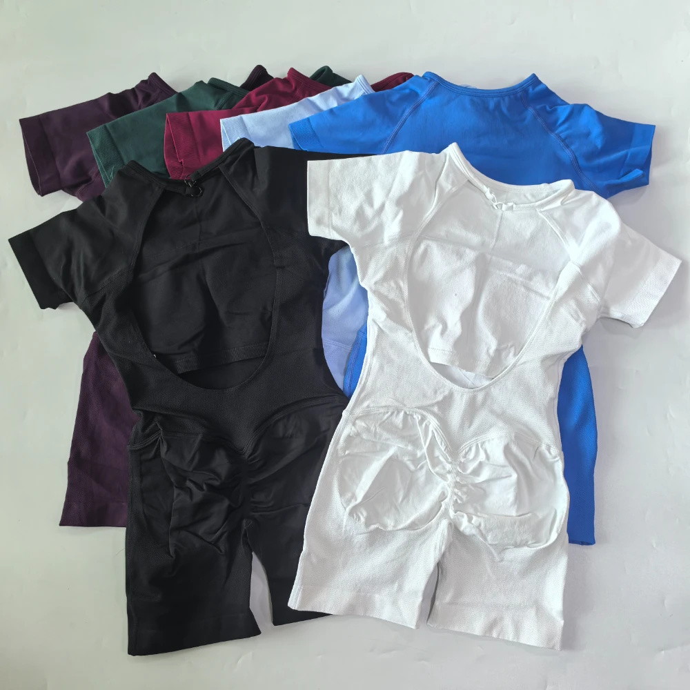 Short Sleeve One Piece Jumpsuit Women Yoga Bodysuit Seamless Fitness Clothes Workout Shorts Set Backless Built-in Bra Gym Set