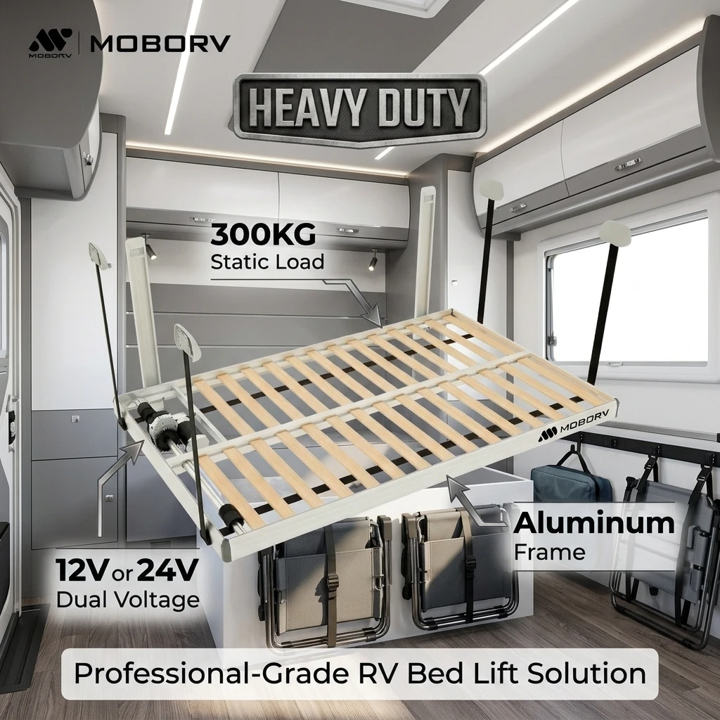 MOBORV Heavy Duty Motorhome Electric Mechanism 12V 24V Motorize RV Lifting System Aluminum Frame  Camper Van Conversion Bed Lift