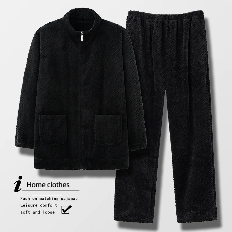 Thickened Coral Fleece Sleepwear Set for Men with Zipper Home Clothes Long Sleeve Long Pants Warm Flannel Autumn Winter Home ...