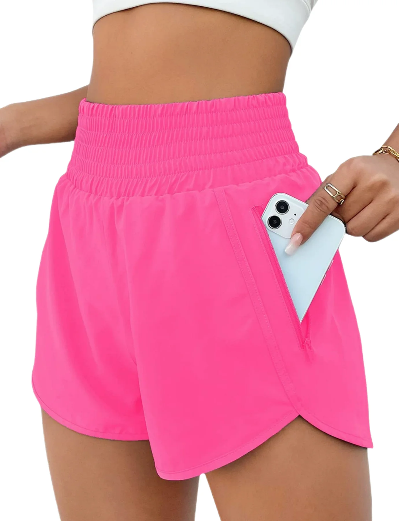 Women's high waist pocket zippered shorts, high slit for sports running, comfortable lined gym sports and daily wearable