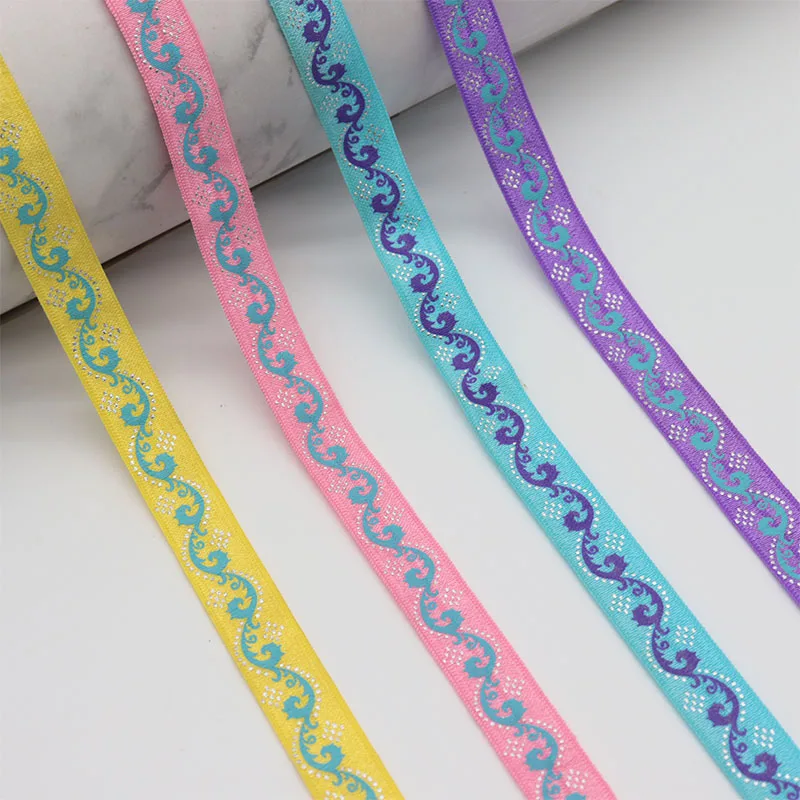 5/8'' 15mm Wave Spoondrift Swirl With Silver Dots Print Fold Over Elastic Band FOE Ribbon For DIY Sewing Decoration