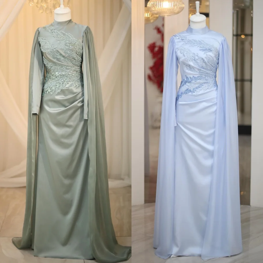 Prom Dress Evening Saudi Arabia Jersey Applique Beading Draped Engagement A-line High Collar Bespoke Occasion Gown Long Dresses