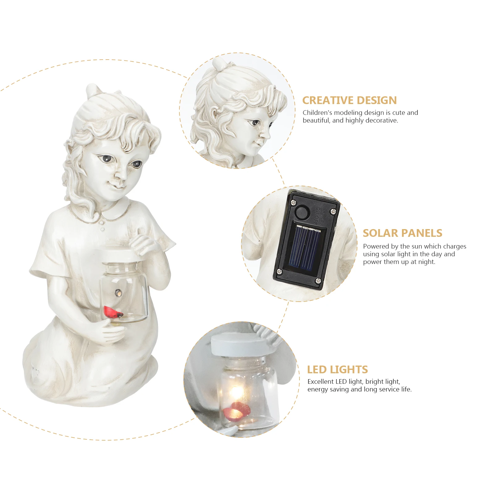 

Garden Solar Children Statue Resin Crafts Outdoor Décorative Kid Sculpture Realistic Texture Insect Jar Figurine Night Light