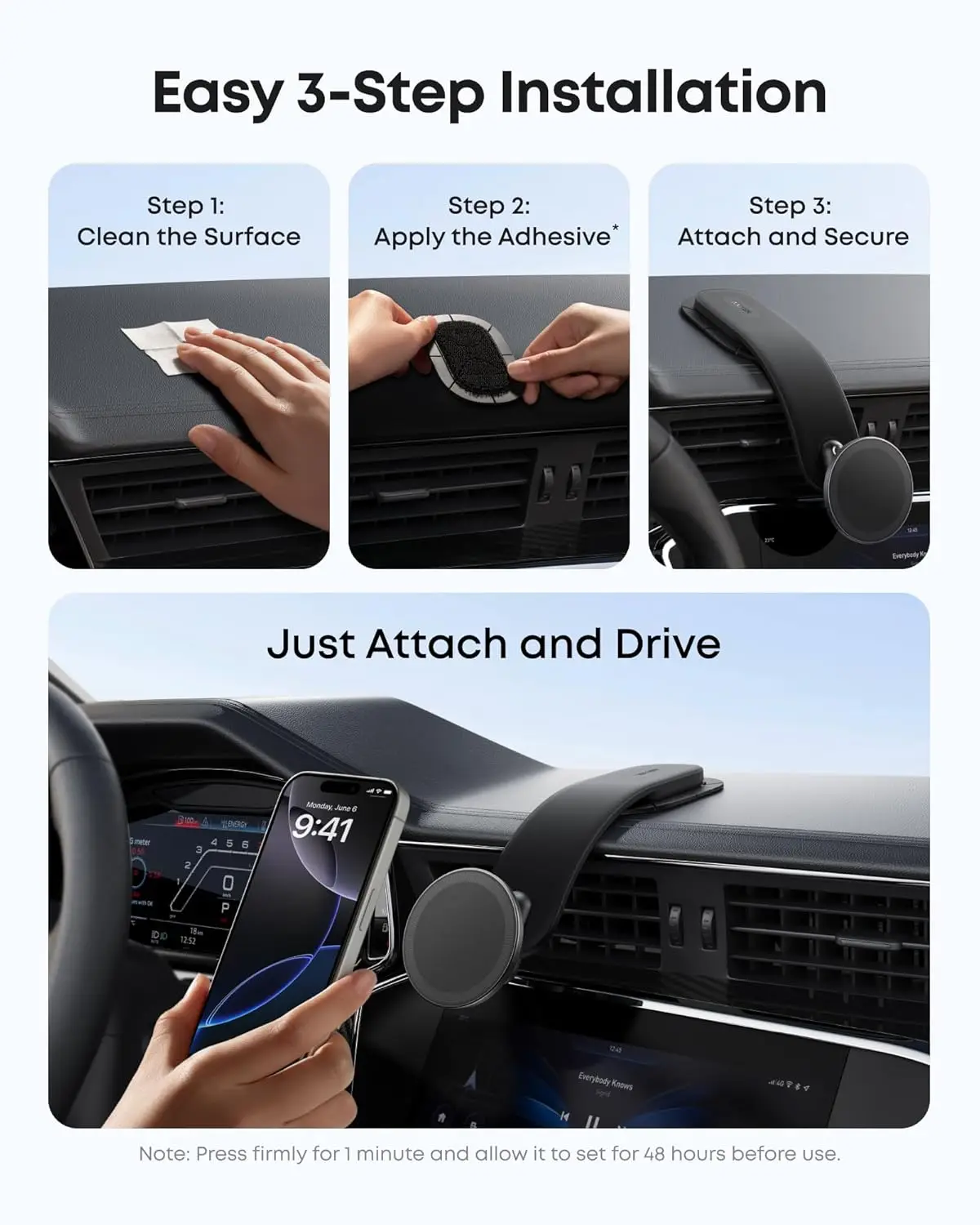 Anker Nano afneembare autohouder, 360 graden verstelbare autotelefoonhouder met beugel en magnetische ring, voor iPhone