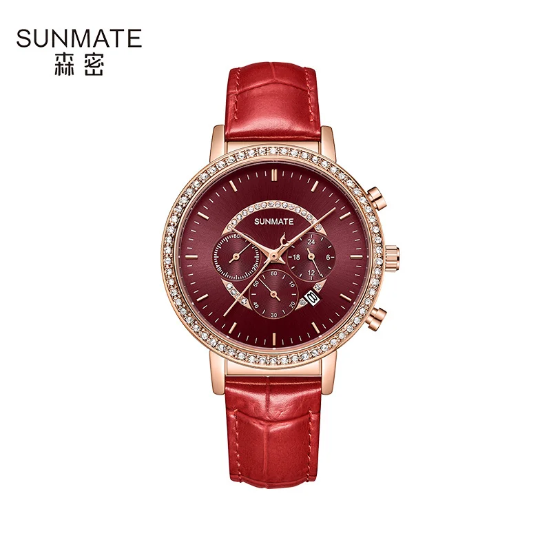 SUNMATE นาฬิกาผู้หญิงหรูหราและสง่างามระดับท็อป กลไกนำเข้า สายหนังแท้ นาฬิกาควอตซ์กันน้ำสำหรับผู้หญิง