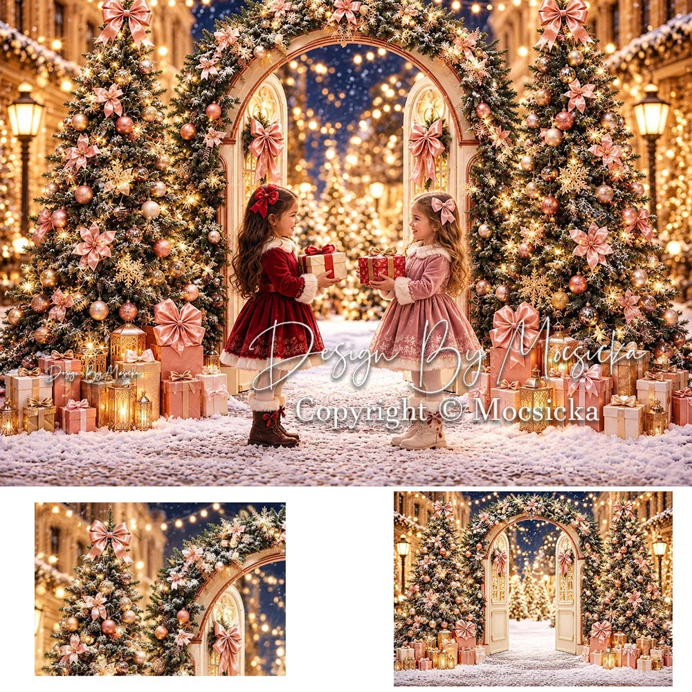 Mocsicka Christmas Doorway Backdrop Photography Pink Gift Box Snowflakes Lantern Bokeh Background Winter Outdoor  Studio Photo