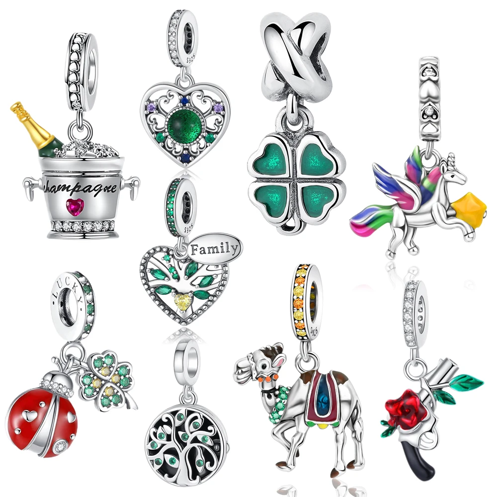 925 Sterling Silver Beer Bucket&Clover&Ladybug&Pistol&Western Region Horse Pendant Fit Brand Bracelet Summer Accessories