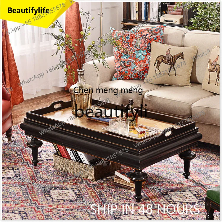 CC American solid wood carving retro black square coffee table light luxury living room simple coffee table