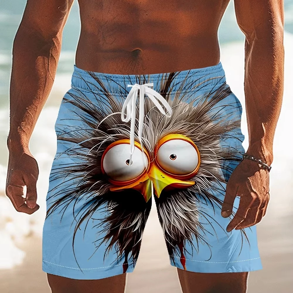 Funny Men's Animal Cartoon Frizzle Chicken 3D Swim Trunks Outdoor Novelty Cool Hawaiian Shorts Summer Vacation Beach Short Pants