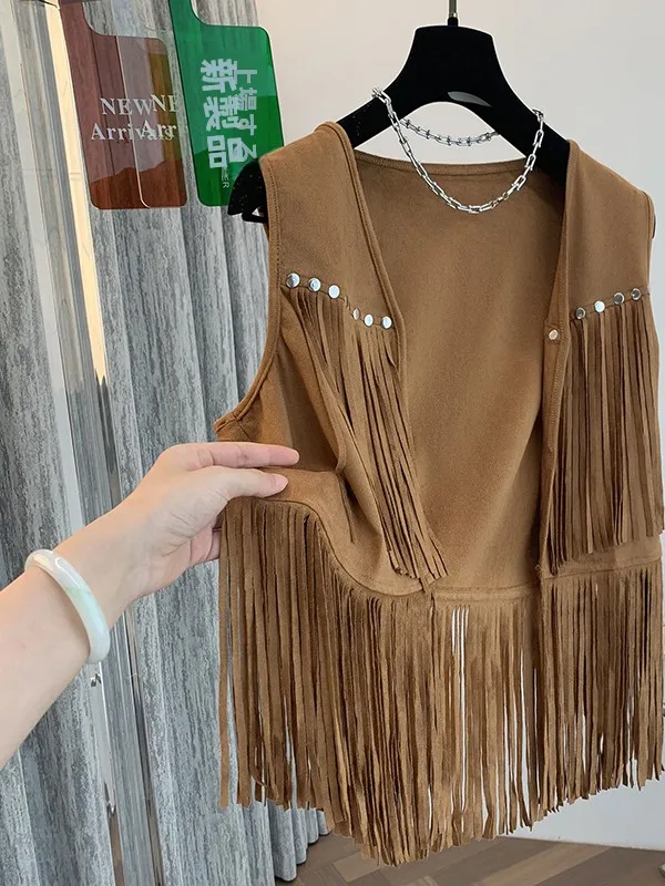 

2025 Summer New Sle Travel Photoaphy Versatile Design Sense Personali Rivet Tassel Vest Tank Top Matching Skirt