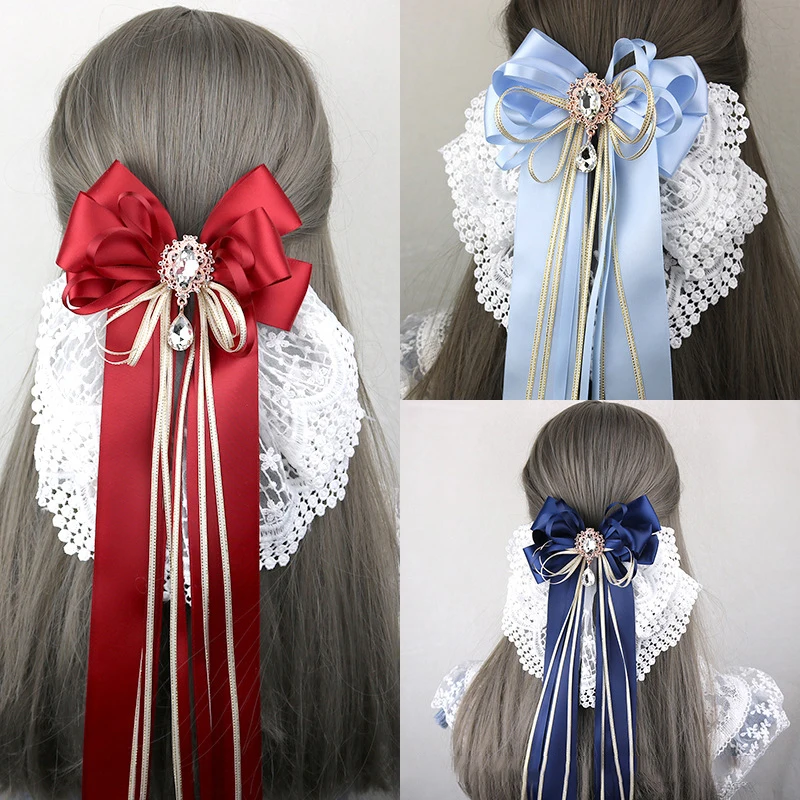 New Sweet Large Bowknot Embroidered With Lace Hair Clip Lolita Long Ribbon Hairpin Ponytail Hair Bands Hair Accessories