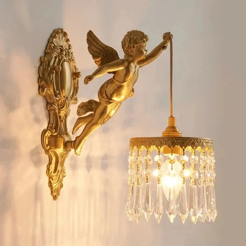 French Vintage Art Style Copper Angel Hanging Flower Crystal Wall Lamp Palace Corridor Entrance Porch Balcony Bedside Led Lights
