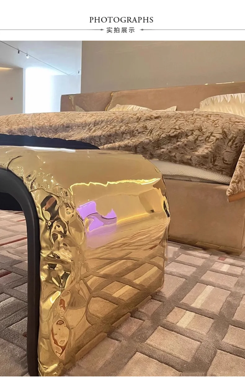 Light luxury hand knock copper bed tail stool bench shoe change stool solid wood soft bag bed couch shoe change stool