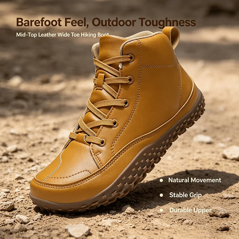 Men Wide Toe Barefoot Hiking Boots Mid‑Top Leather Minimalist Shoes Flexible Zero‑Drop Non‑Slip Outdoor Trail Walking Footwear