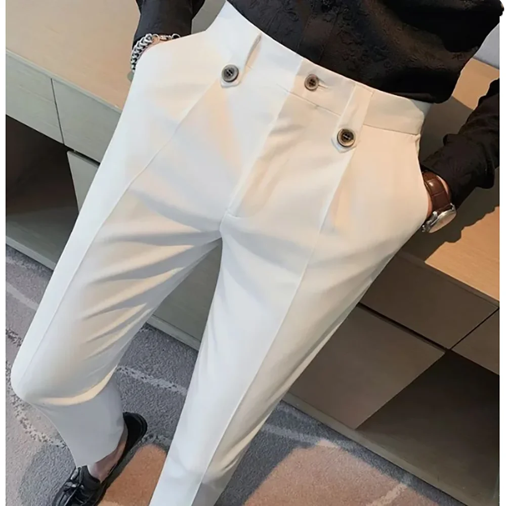 

New Arrive White Male Pants Solid Color Travel Trousers Men Wedding Dinner Party Casual Slim Fit Social Pants