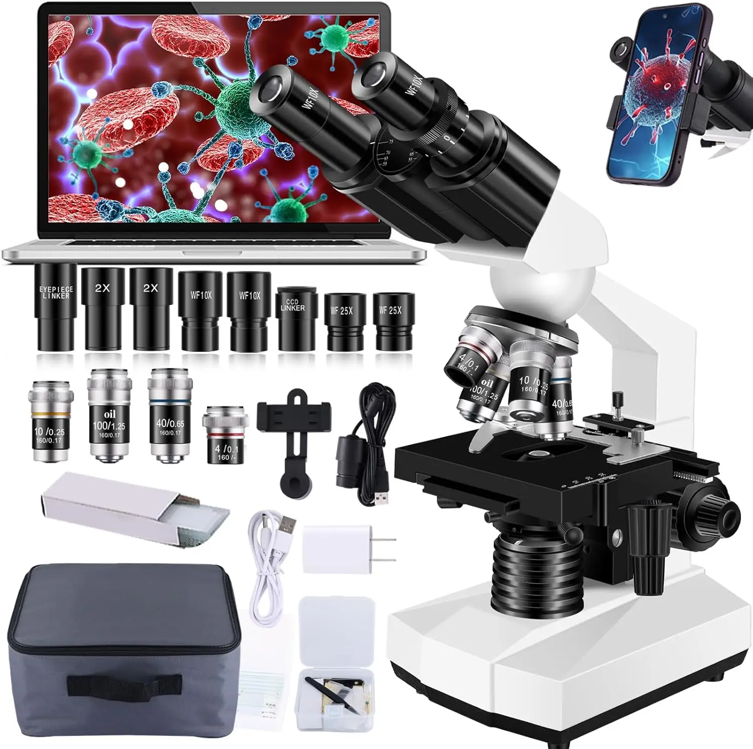 Microscope For Adults Wf10X And Wf25X Eyepieces, 40X-2000X Magnification Usb Camera, Microscope Suitable For Laboratory School