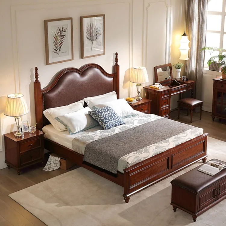 

White toon wood all-solid wood bed, master bedroom 1.8m wedding bed, bedroom double bed, Roman column princess bed