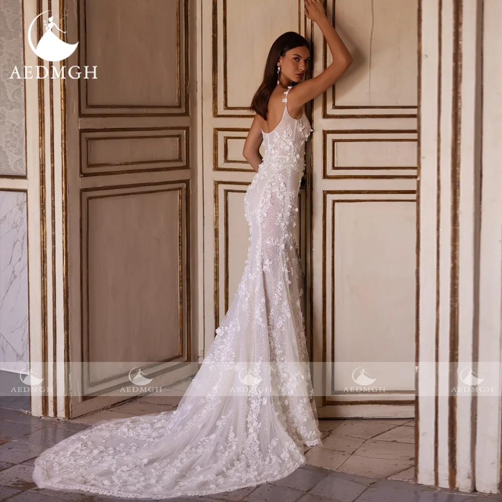 Aedmgh Abiti da sposa a sirena Smerlato senza spalline Vestido De Novia Fiori 3D Treno staccabile Abito da sposa su misura