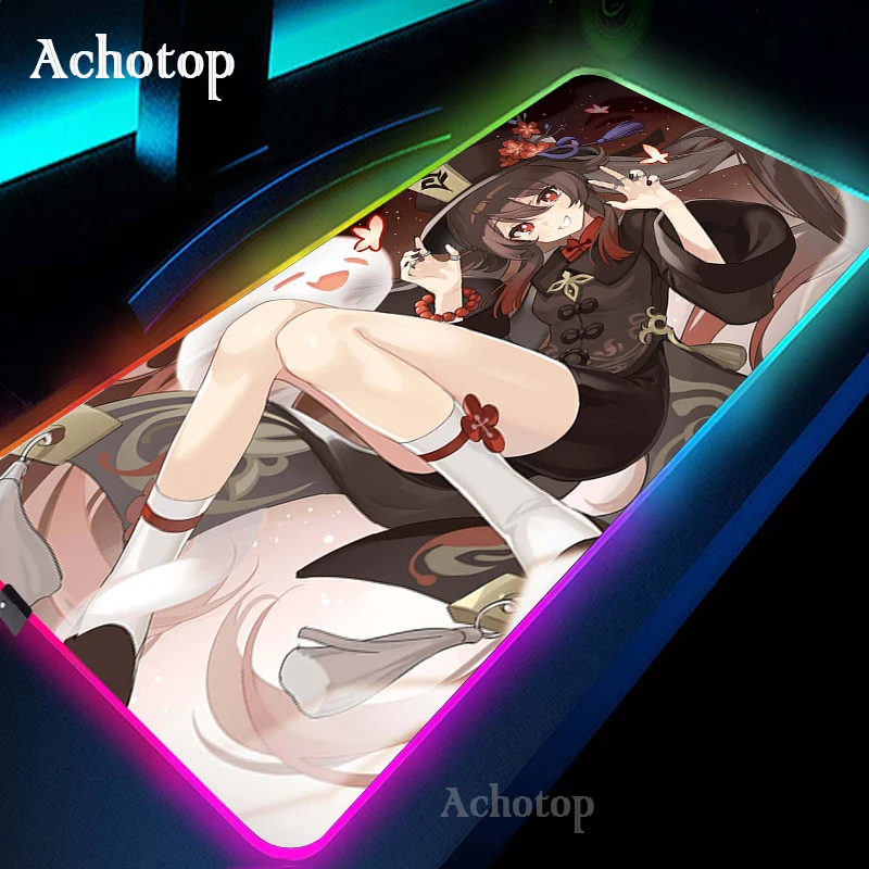 HU TAO Genshin Auswirkungen 80x30cm Computer Gaming Mouse Pad RGB PC Laptop Gamer Mauspad Anime Antislip Große LED Teppich Matte Backlit