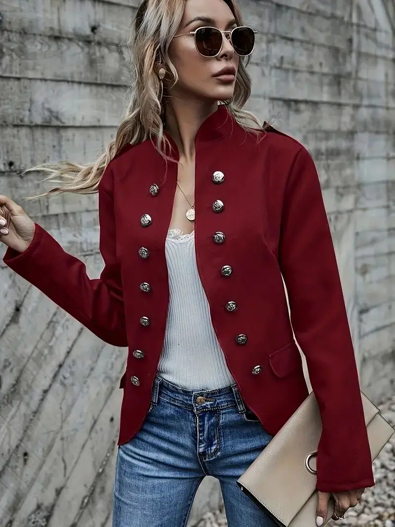 Autumn and winter casual fashion new button decoration stand collar long sleeve solid color cardigan suit jacket