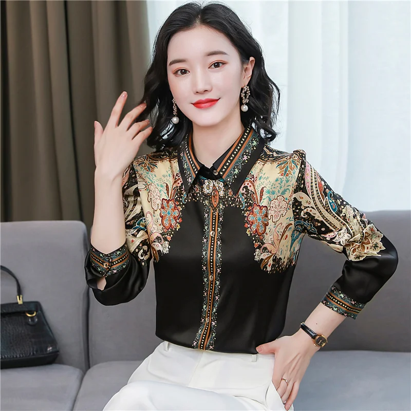 Women Summer Fashion temperament printing silk Polo-Neck 3/4 sleeve Floral Shirts women clothes trend All-match office Lady tops