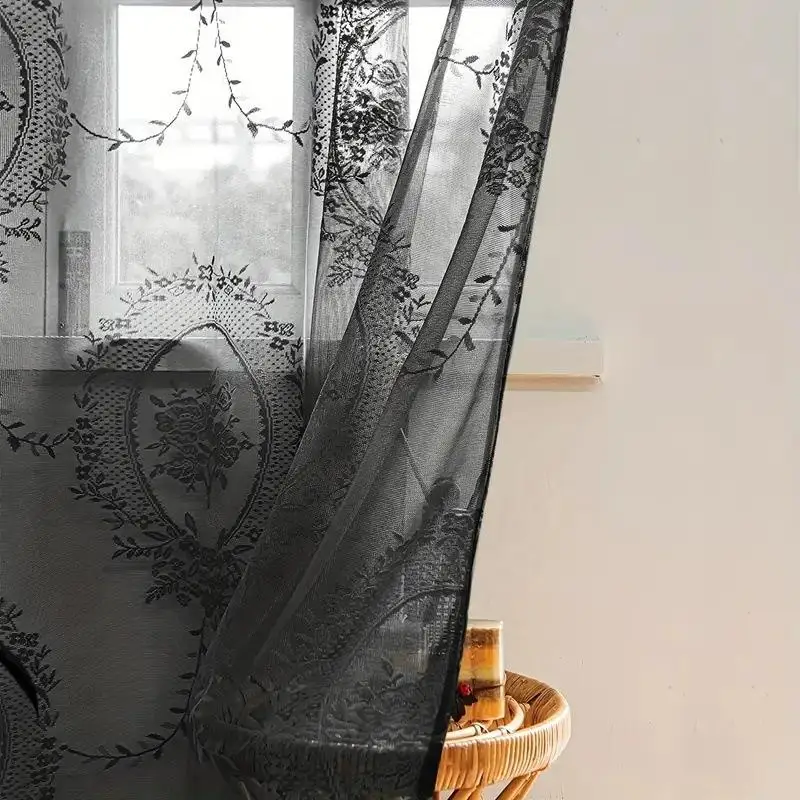 1pcs Elegant Black Lace Sheer Curtain with Embroidered Mirror Floral Design Simple Fashion Home Living Room Decor Curtains