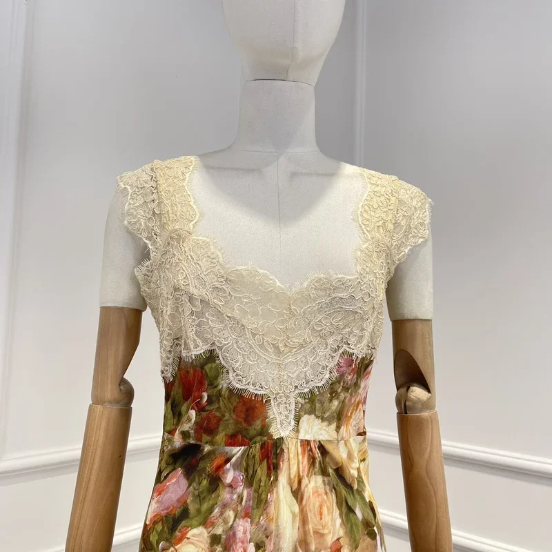 고품질 2025 섹시한 민소매 레이스 패치워크 미디 드레스