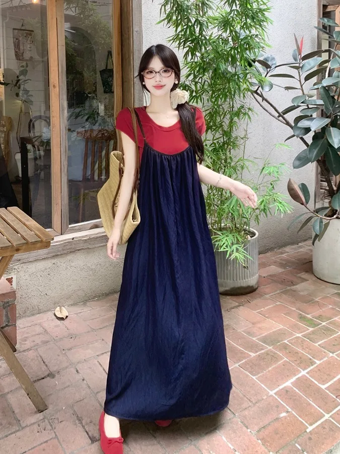 

plus Size Women's Vintage Casual Denim Dr Summer New Sle Inner Wear Base irt Trendy Top High Waist ort Sve Midi D...