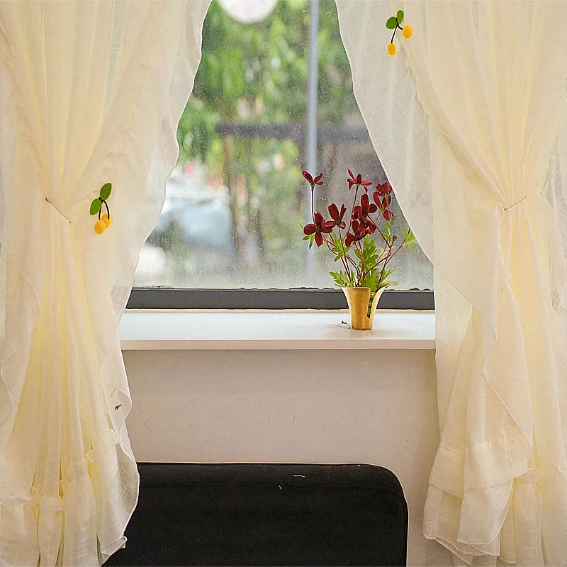 White Faux Linen Sheer Short Curtains for Kitchen Cafe Vintage Ruffled Lace Shabby Red Cherry Half Window Treatment Drapes