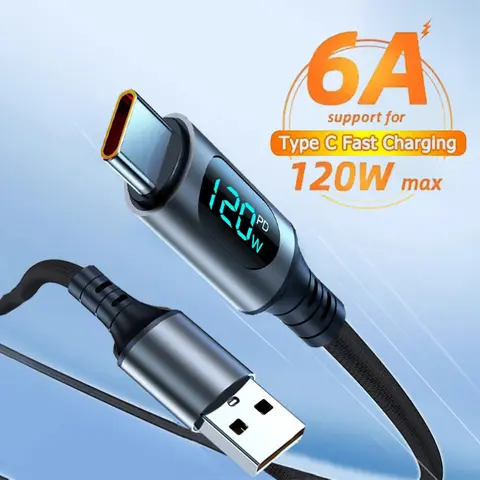 6A 120W USB A 유형 C 초고속 충전 케이블 Xiaomi Redmi POCO 용 나일론 데이터 코드 Led 디지털 디스플레이 케이블이있는 삼성