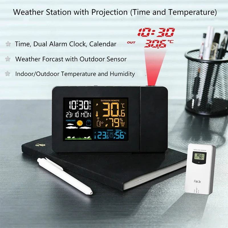 EU Plug Digital Alarm Clock Weather Station LED Temperature Humidity Weather Forecast Snooze Table Clock With Time Projection
