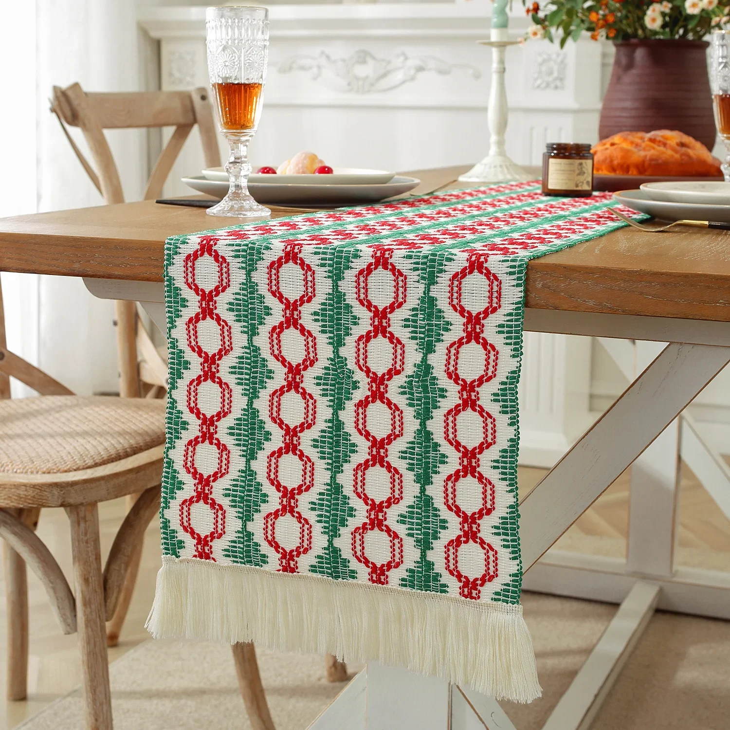 

88251-L Cotton and linen table flag striped splicing woven tassel table flag modern simple long tablecloth