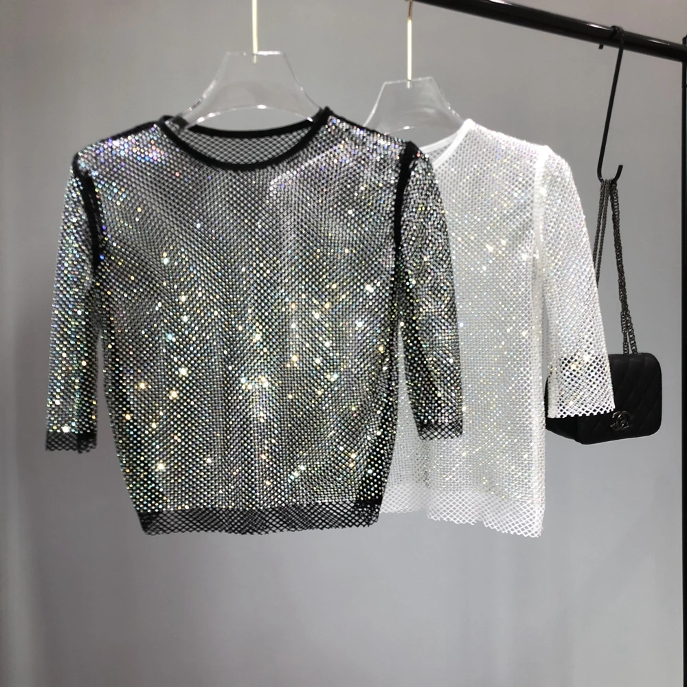 Mesh Diamond Crystal Coat Diamond Ultra Fairy Inside Take Party Bling Hollow-out Render Unlined Upper Garment and Shiny T Shirt