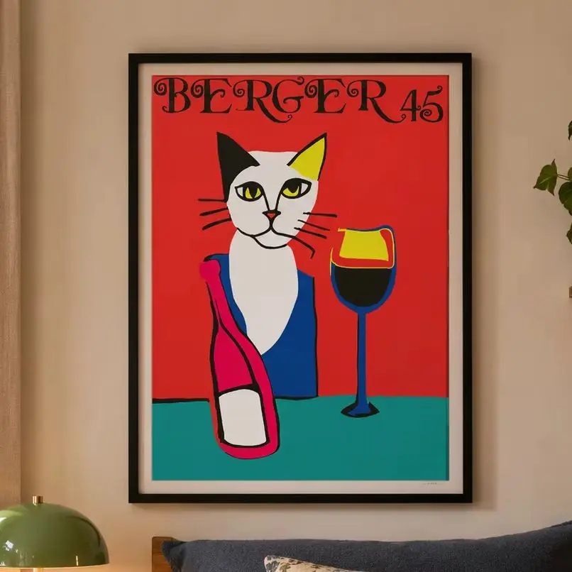 Wine Cat Poster,Canvas Wall Print,Modern Art Illustration,High‑Grade Home Decoration Artwork for Bedroom,Living Room,Office & In