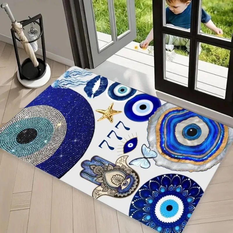 Evil Eye Mandala DOORMAT Carpet Deep Blue Background with Gold Ornate Patterns Stylish Non-Slip Floor Mat