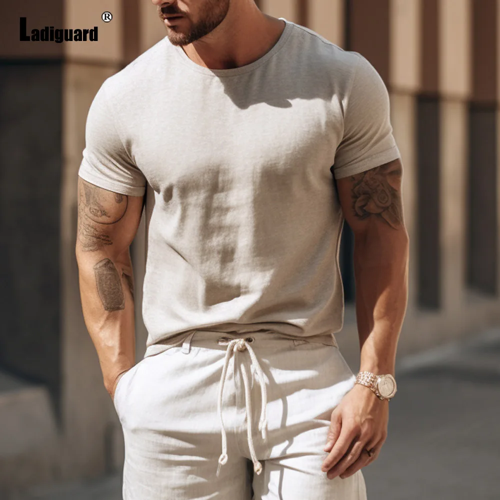 Ladiguard Plus Size Mens Two-piece Set 2025 Short Seeve T-shirt and Elastic Waist Shorts Men Outdoor Casual Beach Co-ords New