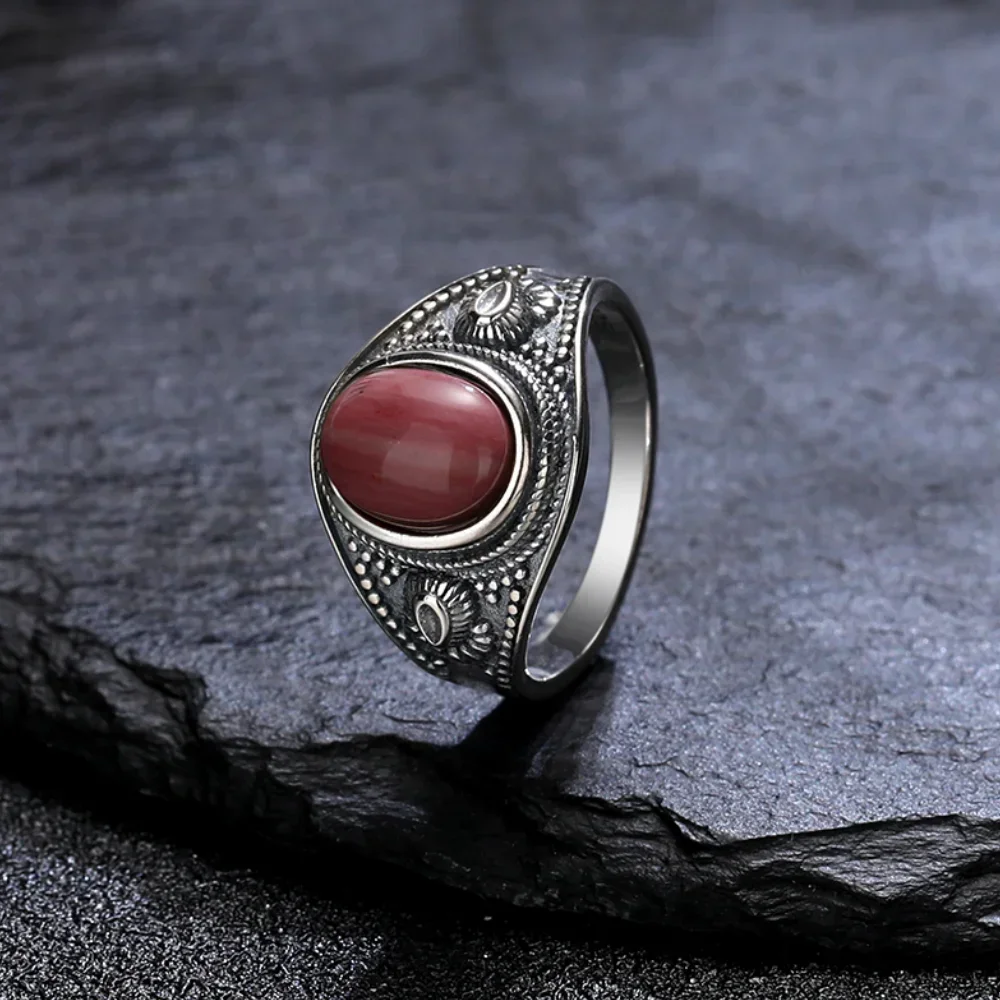 Anillo Vintage de Plata de Ley 925 para hombre y mujer, sortija ovalada de 8x10MM con piedra de ojo de tigre Natural, joyería de Rodocrosita de lujo