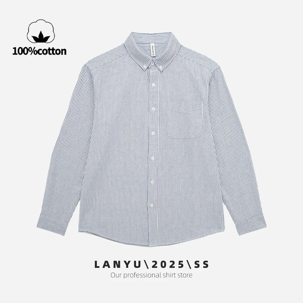 

Men's Pure Cotton Slim Fit Striped Water Washed Shirt - Casual Long Sleeve Spring Autumn Blouse for Unisex